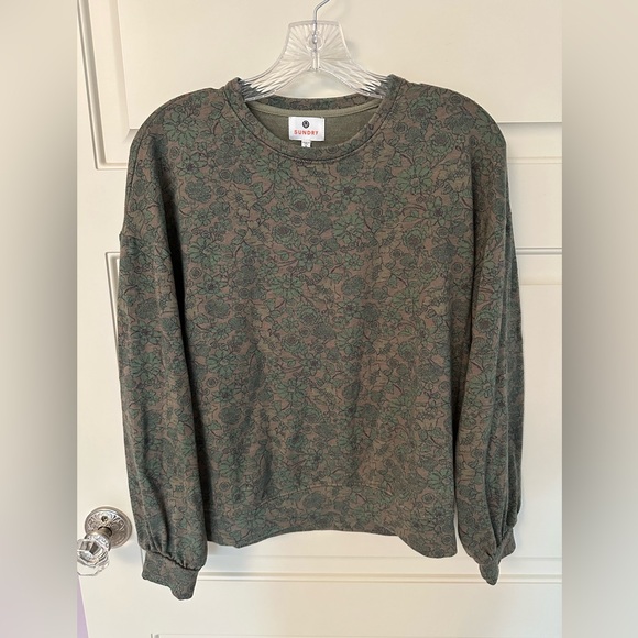 Sundry Olive Green Floral Print Crewneck Sweatshirt - Picture 1 of 4